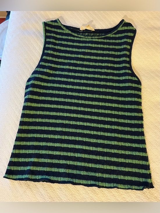 See You Monday Tops - See You Monday Striped Sleeveless Knit Tank Top - Green/navy, size medium